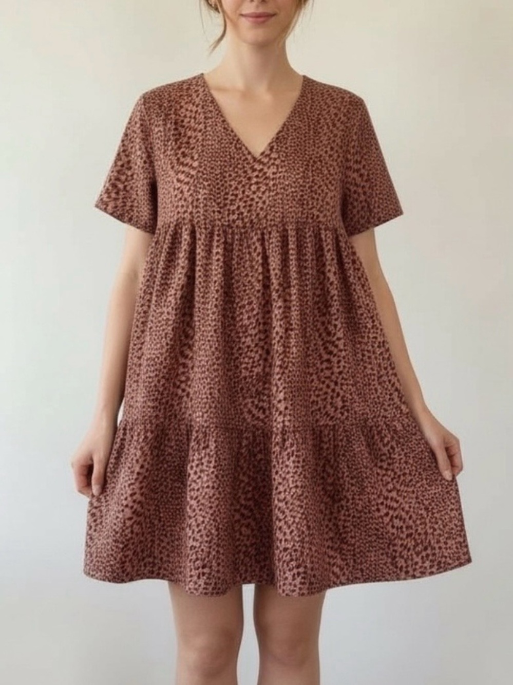 SHEIN Leopard Print Tiered Babydoll Mini Dress Dusty Pink Brown Womens S US 4